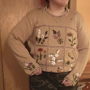 Embroidered Floral Beige Sweater